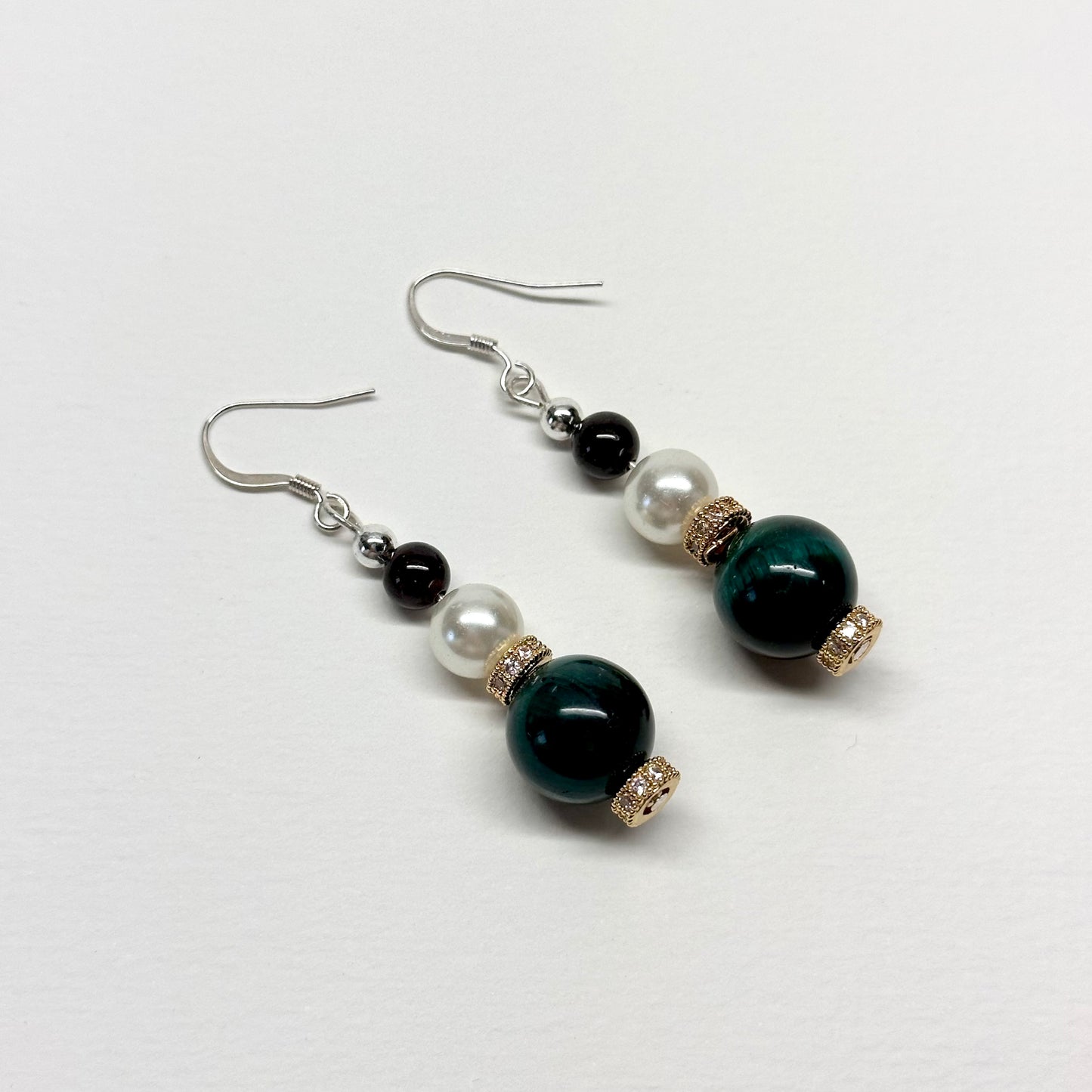 E02 Green Tiger Eye Garnet Pearl Gold Accessories Earring