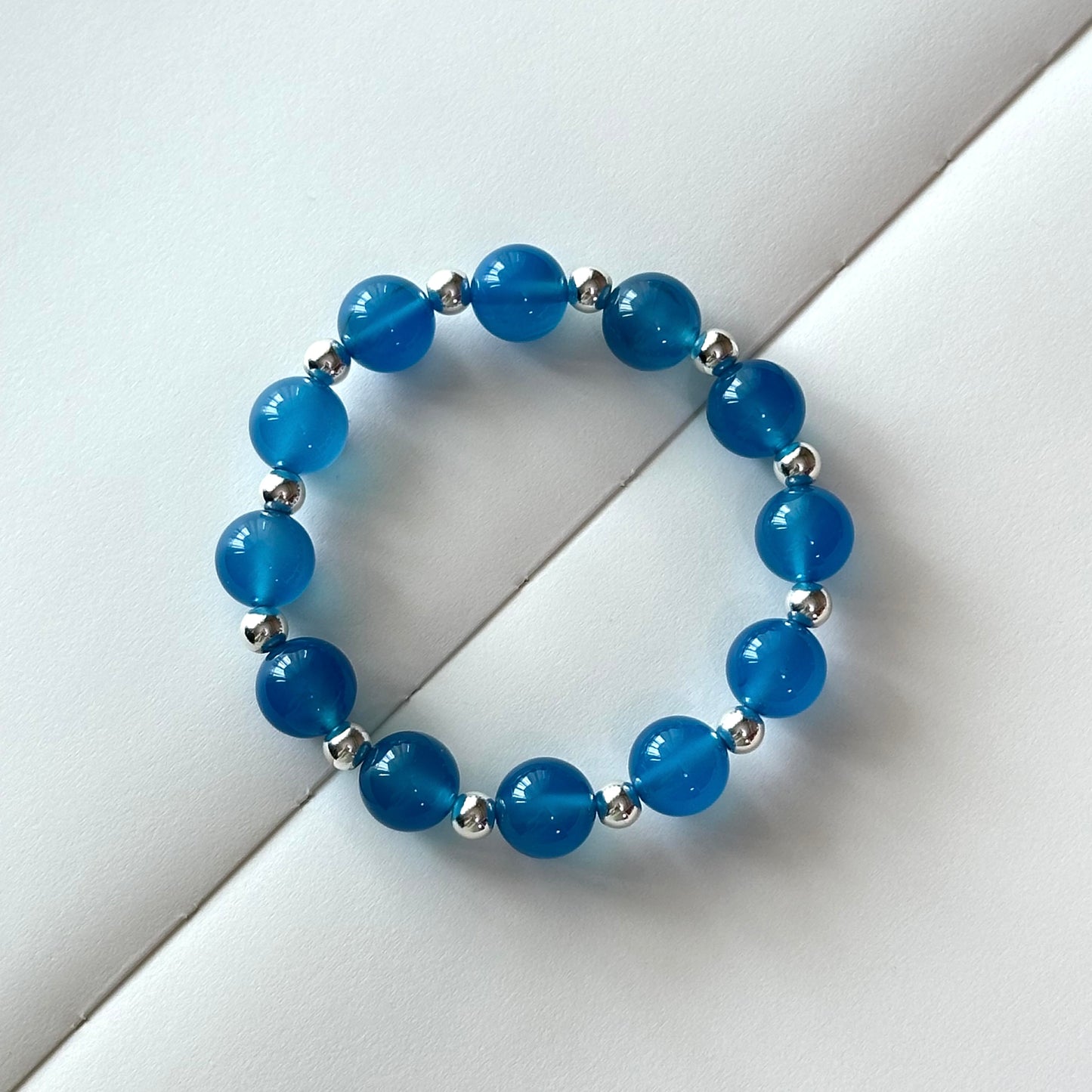 BS111【Blue World】Sea Blue Agate • Simple Silver-plated Bracelet Ocean stabilizes emotions and overcomes fear