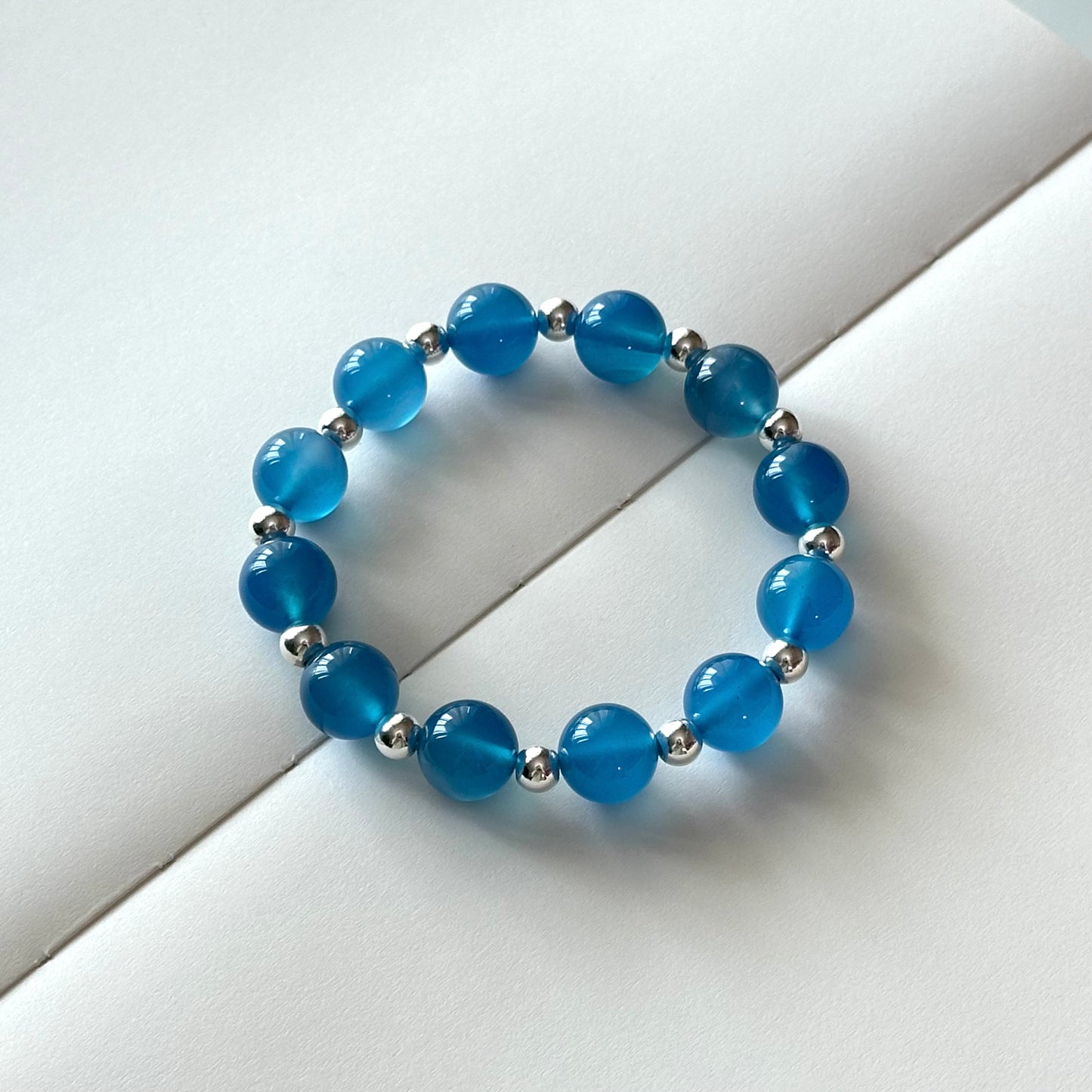 BS111【Blue World】Sea Blue Agate • Simple Silver-plated Bracelet Ocean stabilizes emotions and overcomes fear