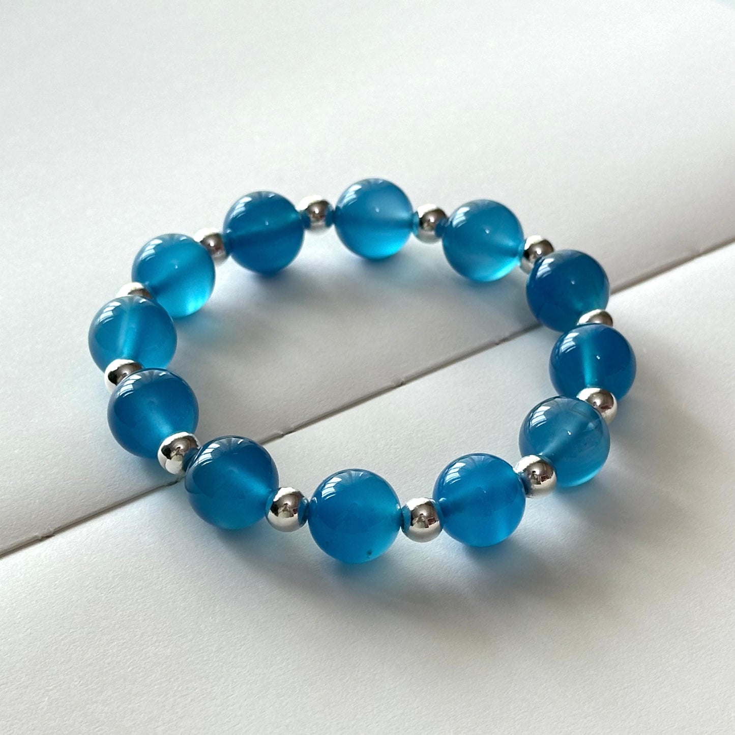 BS111【Blue World】Sea Blue Agate • Simple Silver-plated Bracelet Ocean stabilizes emotions and overcomes fear