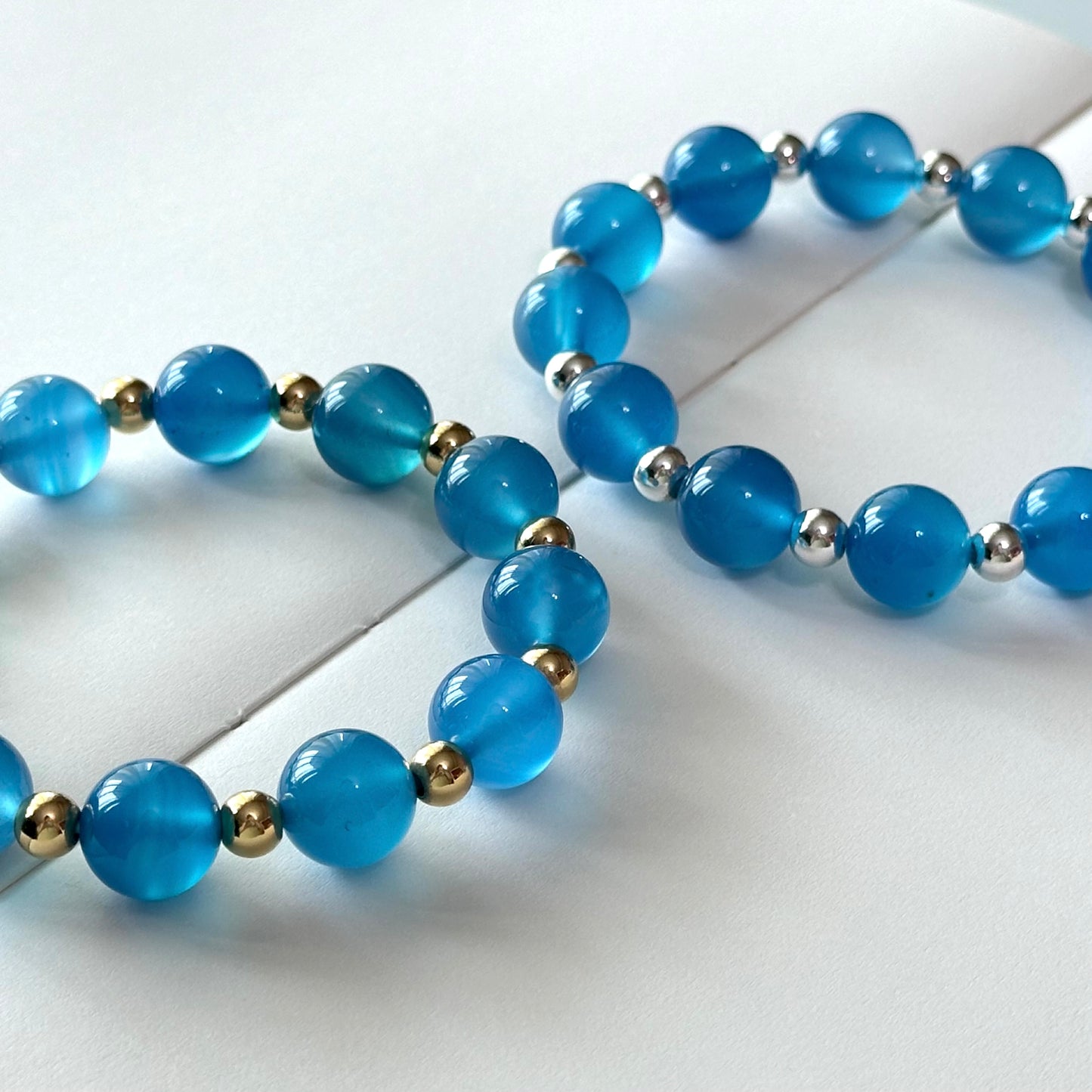 BS111【Blue World】Sea Blue Agate • Simple Silver-plated Bracelet Ocean stabilizes emotions and overcomes fear