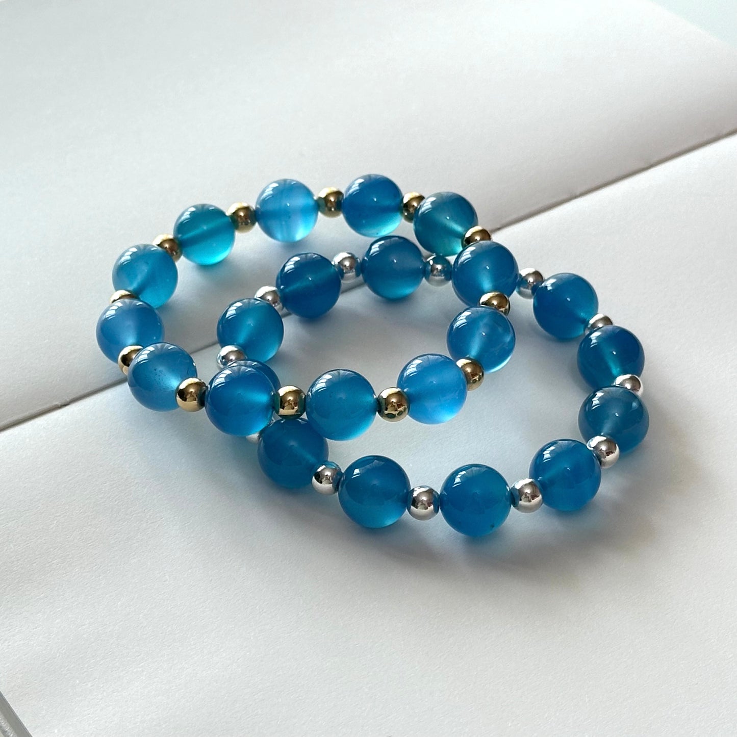 BS111【Blue World】Sea Blue Agate • Simple Silver-plated Bracelet Ocean stabilizes emotions and overcomes fear