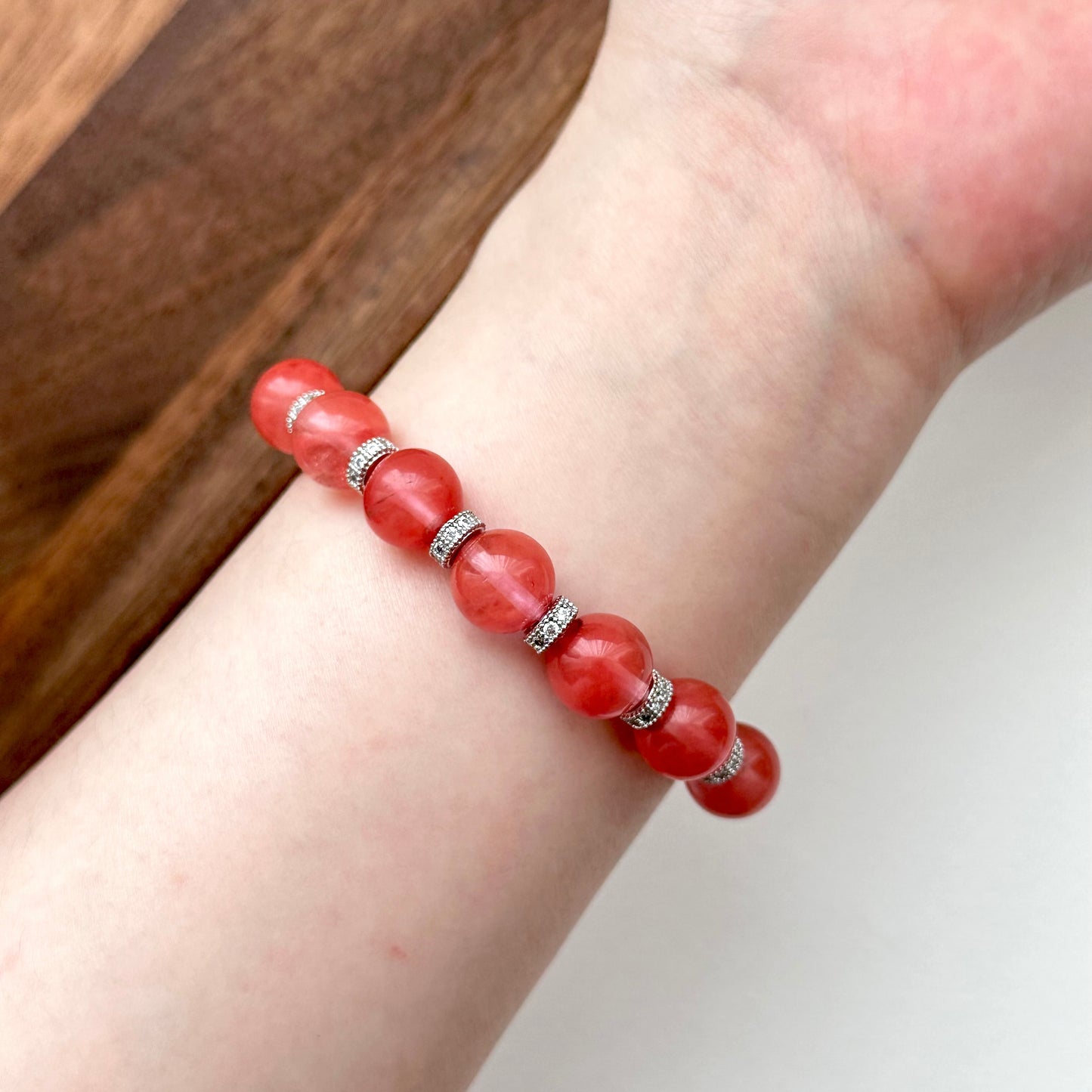 BS29【幸運】西瓜紅古典鍍銀手鏈手串 Watermelon Quartz Classic Silver Accessories Bracelet