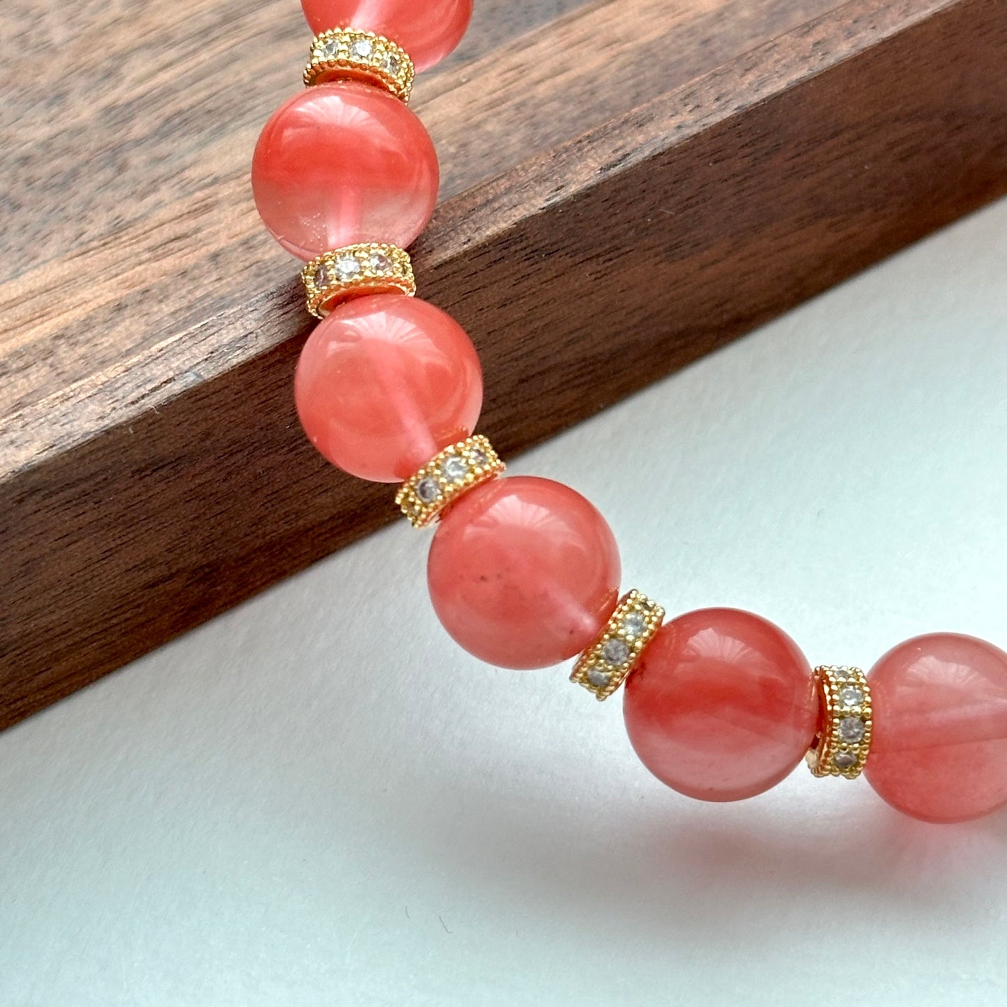 BS30【幸運】西瓜紅18K鍍金古典手鏈手串 Watermelon Quartz Classic Gold Accessories Bracelet