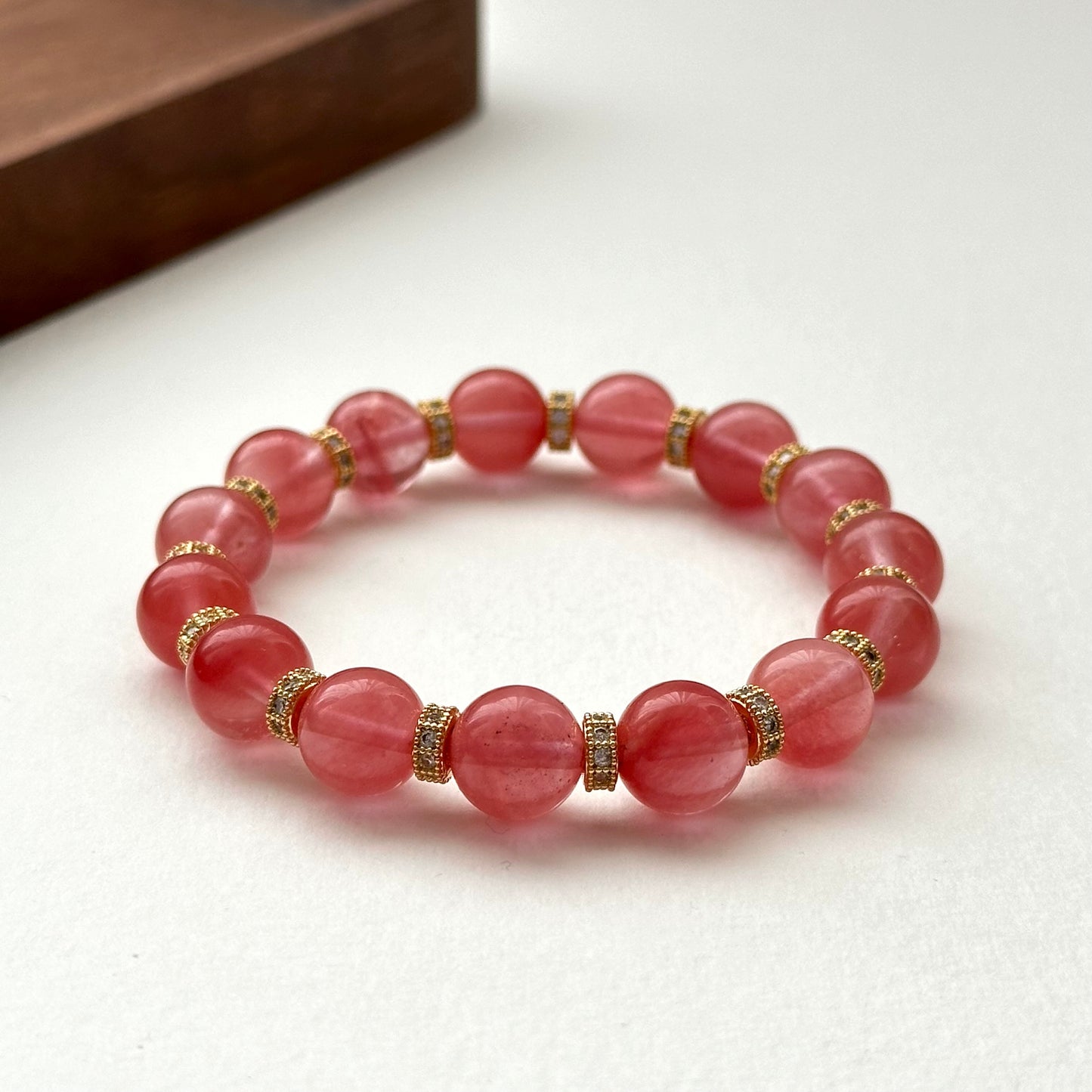 BS30【幸運】西瓜紅18K鍍金古典手鏈手串 Watermelon Quartz Classic Gold Accessories Bracelet