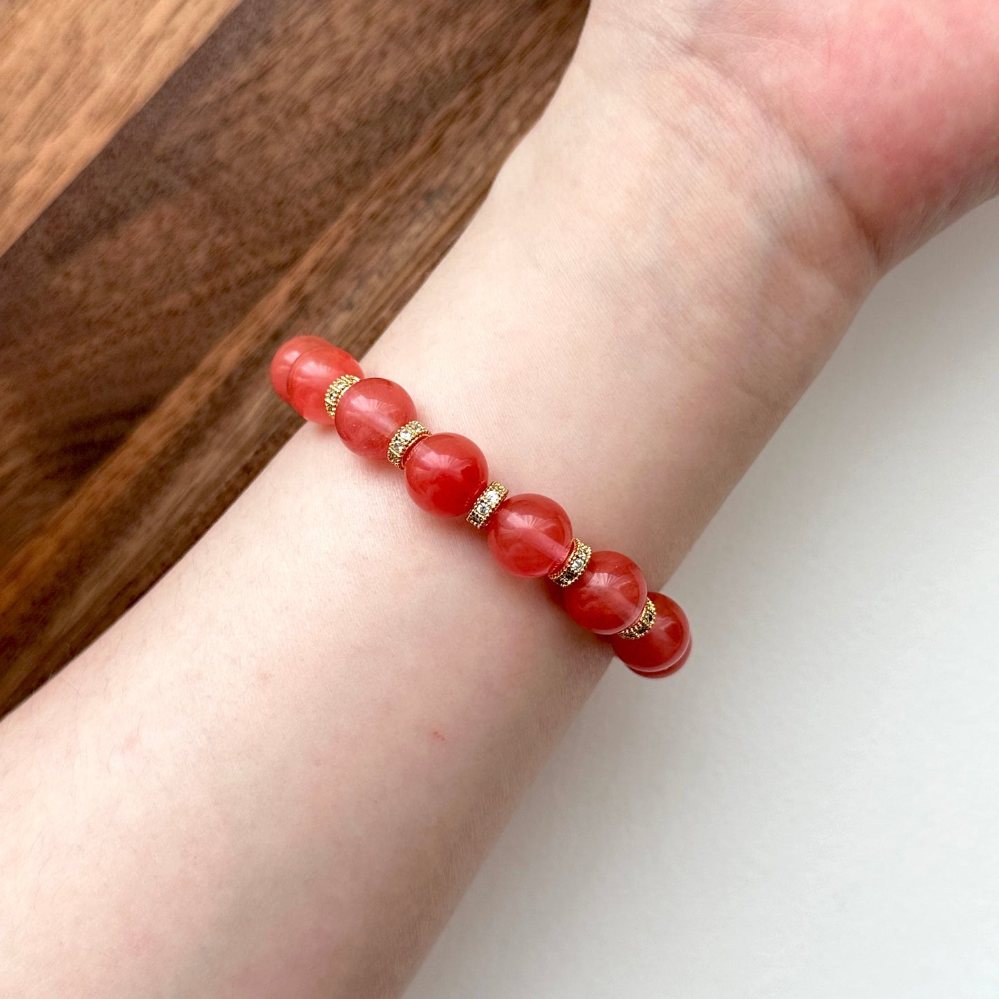 BS30【幸運】西瓜紅18K鍍金古典手鏈手串 Watermelon Quartz Classic Gold Accessories Bracelet