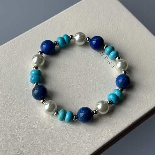 BS11 青金 松石 淡水珍珠 簡約銀 手鏈手串  Lapis with Turquoise and Pearl in Minimalist Silver Style Bracelet