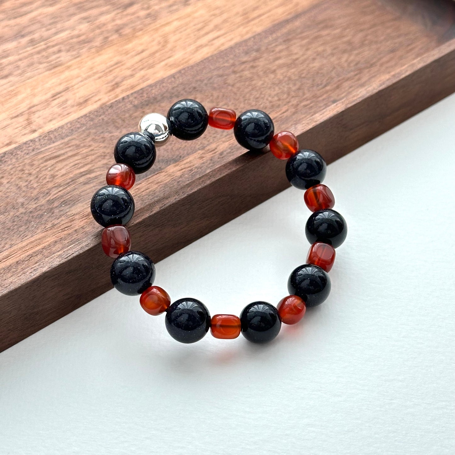 BS259【Starry Night】Blue Sandstone Square Red Agate Silver Plated Bracelet