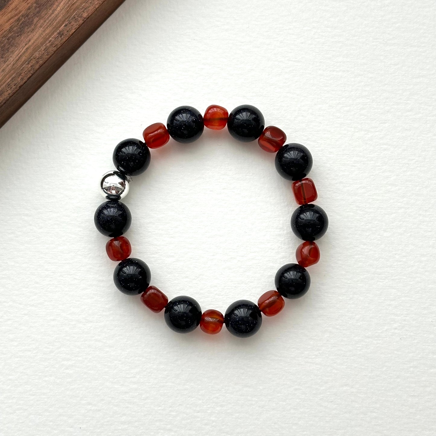BS259【Starry Night】Blue Sandstone Square Red Agate Silver Plated Bracelet