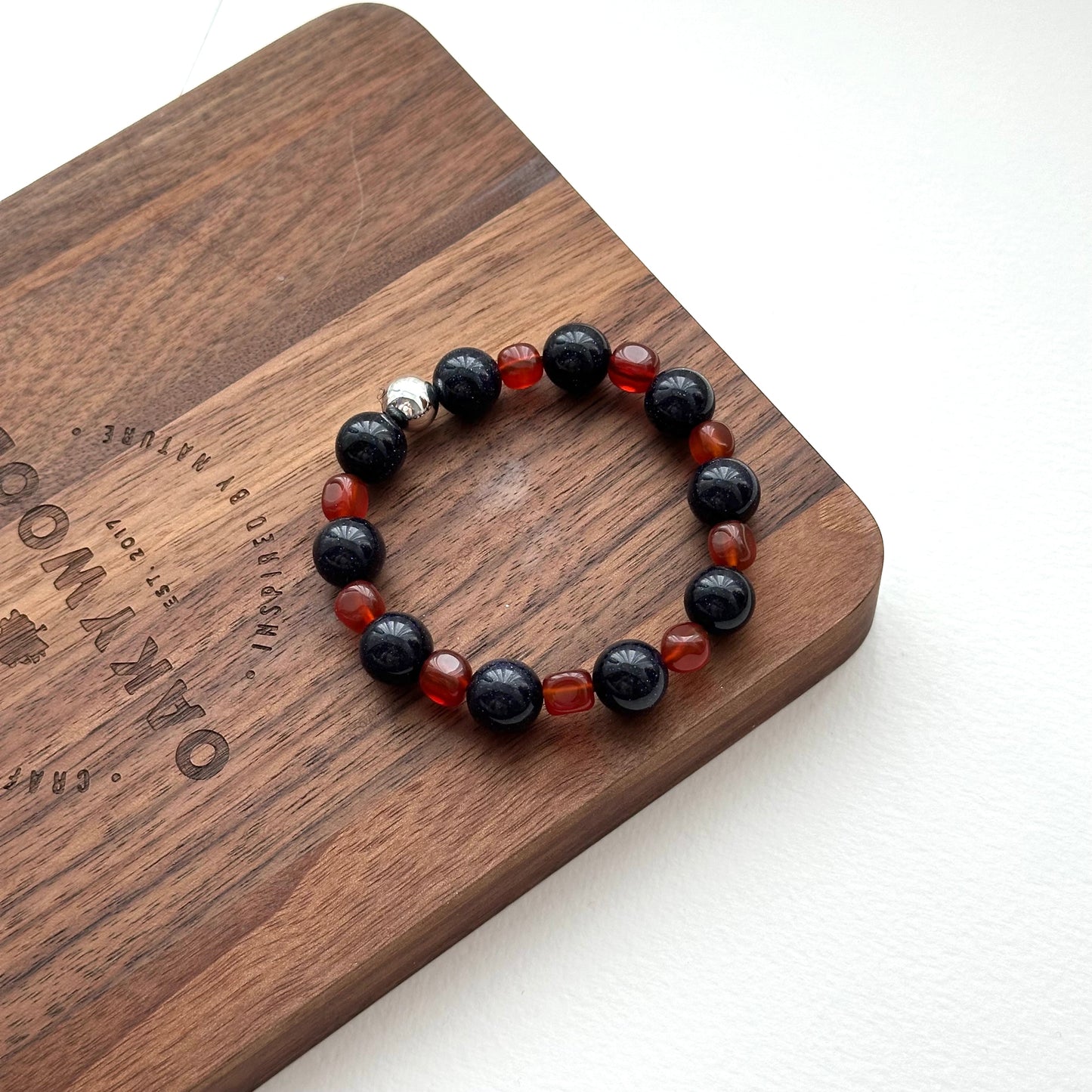 BS259【Starry Night】Blue Sandstone Square Red Agate Silver Plated Bracelet