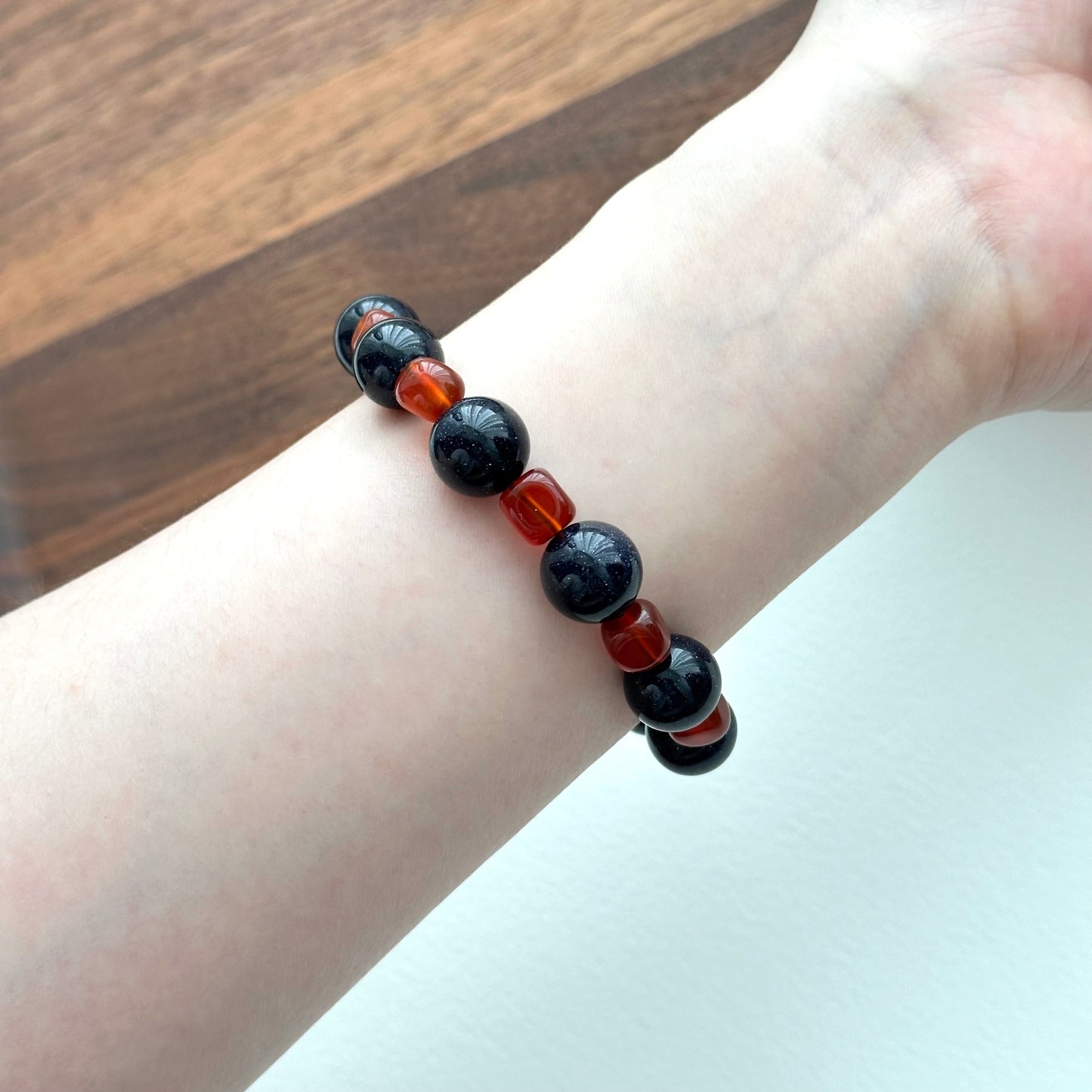 BS259【Starry Night】Blue Sandstone Square Red Agate Silver Plated Bracelet