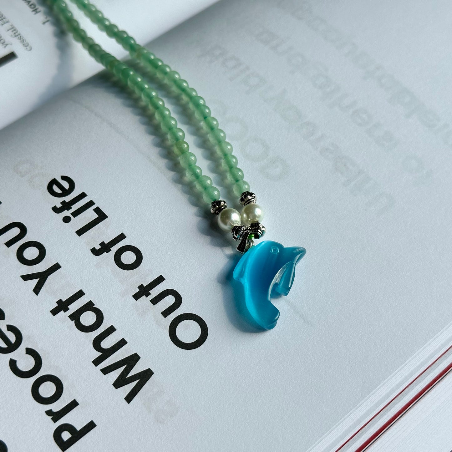 N2 Green Aventurine with Ocean Blue Cat's-Eye Dolphin Necklace