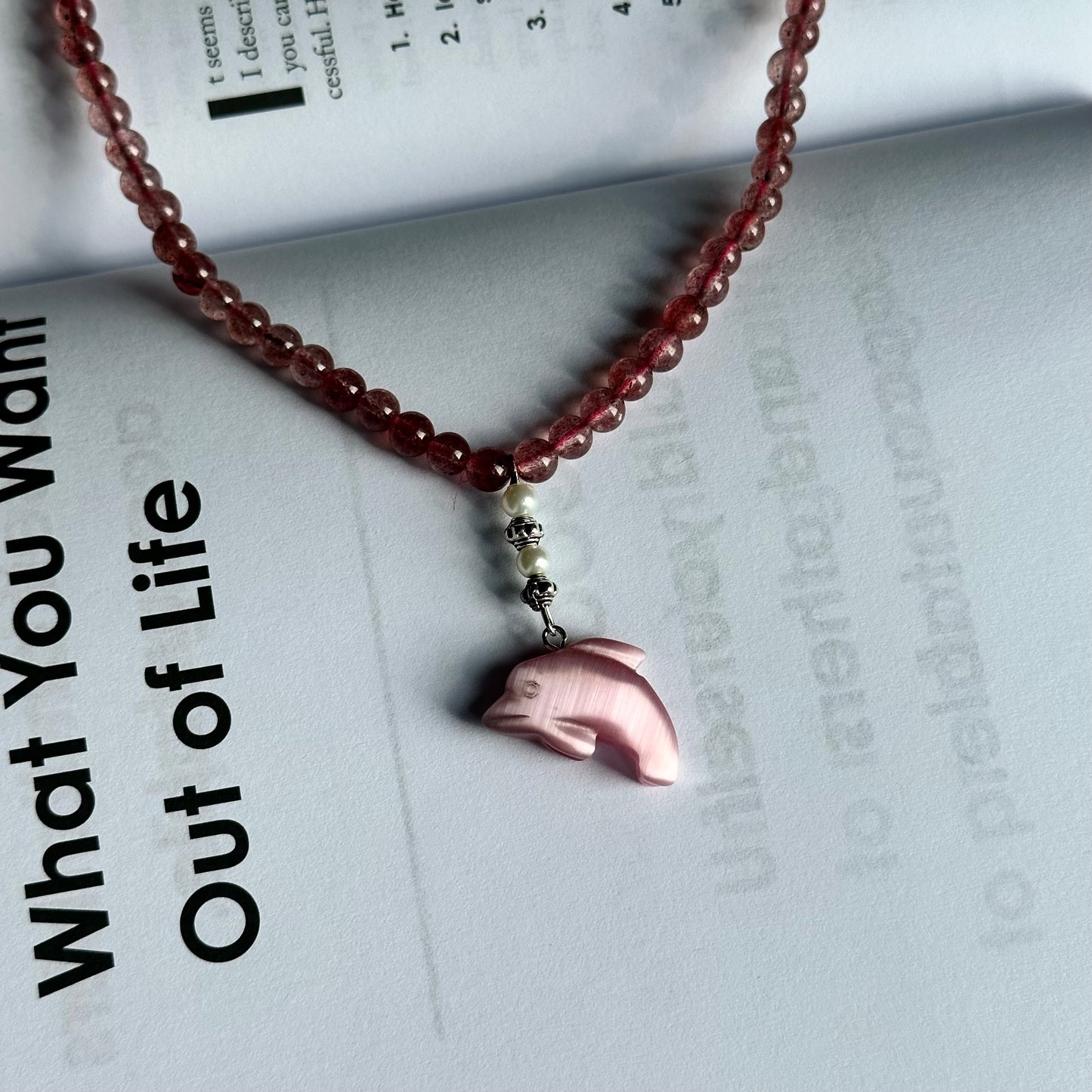 N3 Strawberry Quartz with Cat's-Eye Dolphin Necklace