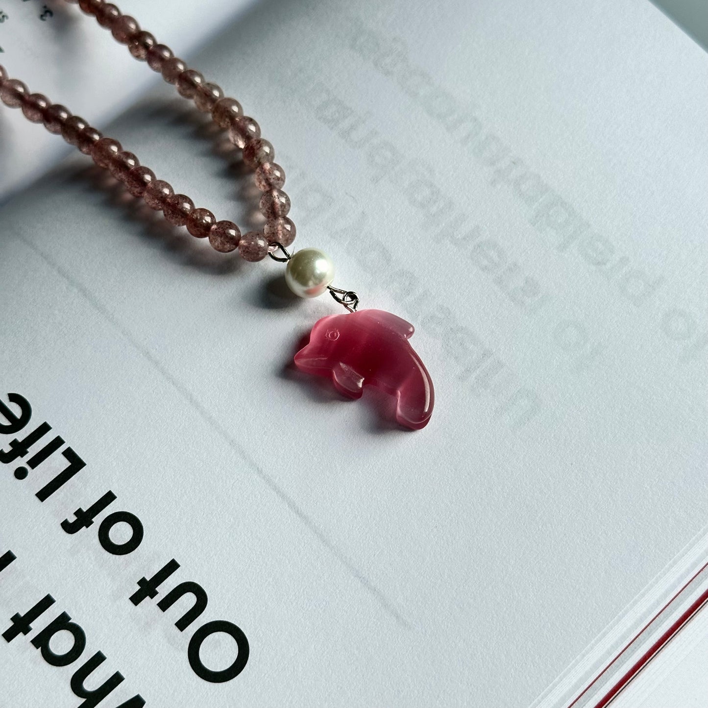 N3 Strawberry Quartz with Cat's-Eye Dolphin Necklace