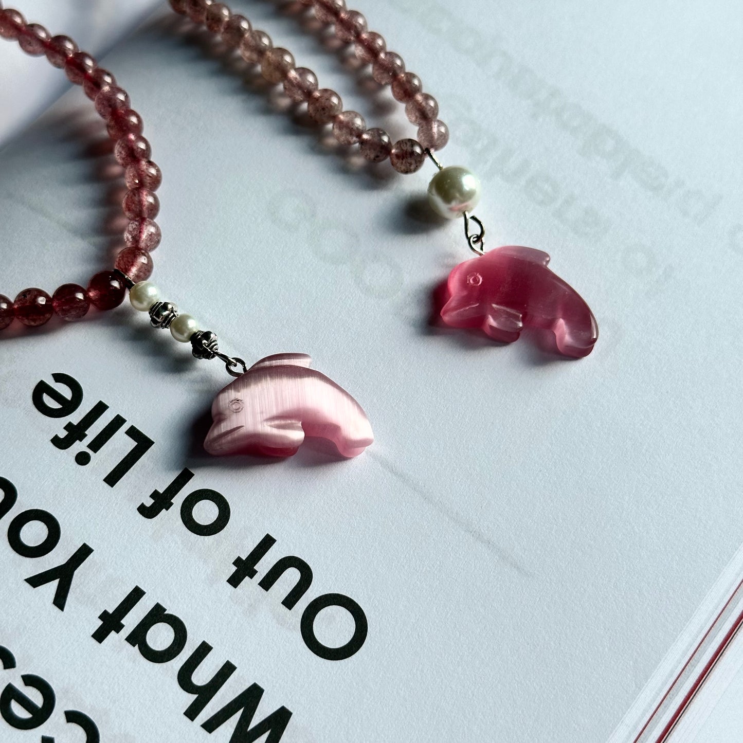 N3 Strawberry Quartz with Cat's-Eye Dolphin Necklace