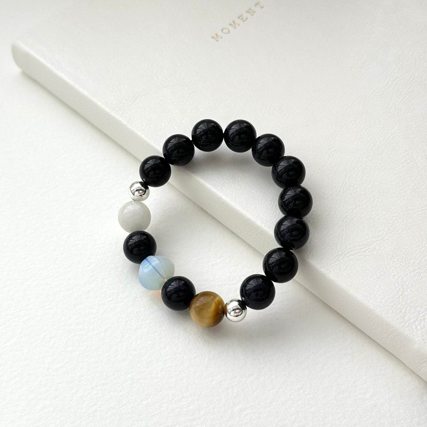 BS263【Starry Night】Blue Sandstone White Stone Opal Gold Tiger Eye Silver Plated Bracelet