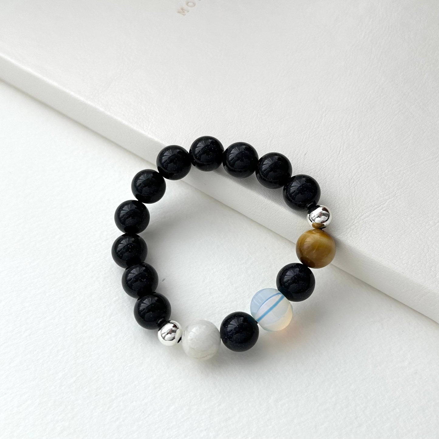 BS263【Starry Night】Blue Sandstone White Stone Opal Gold Tiger Eye Silver Plated Bracelet