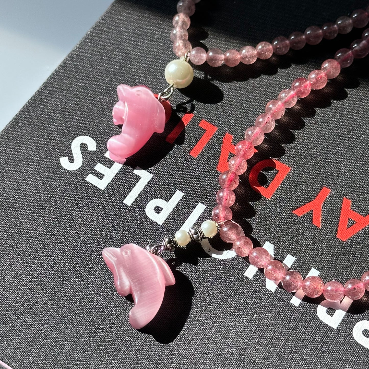 N3 Strawberry Quartz with Cat's-Eye Dolphin Necklace