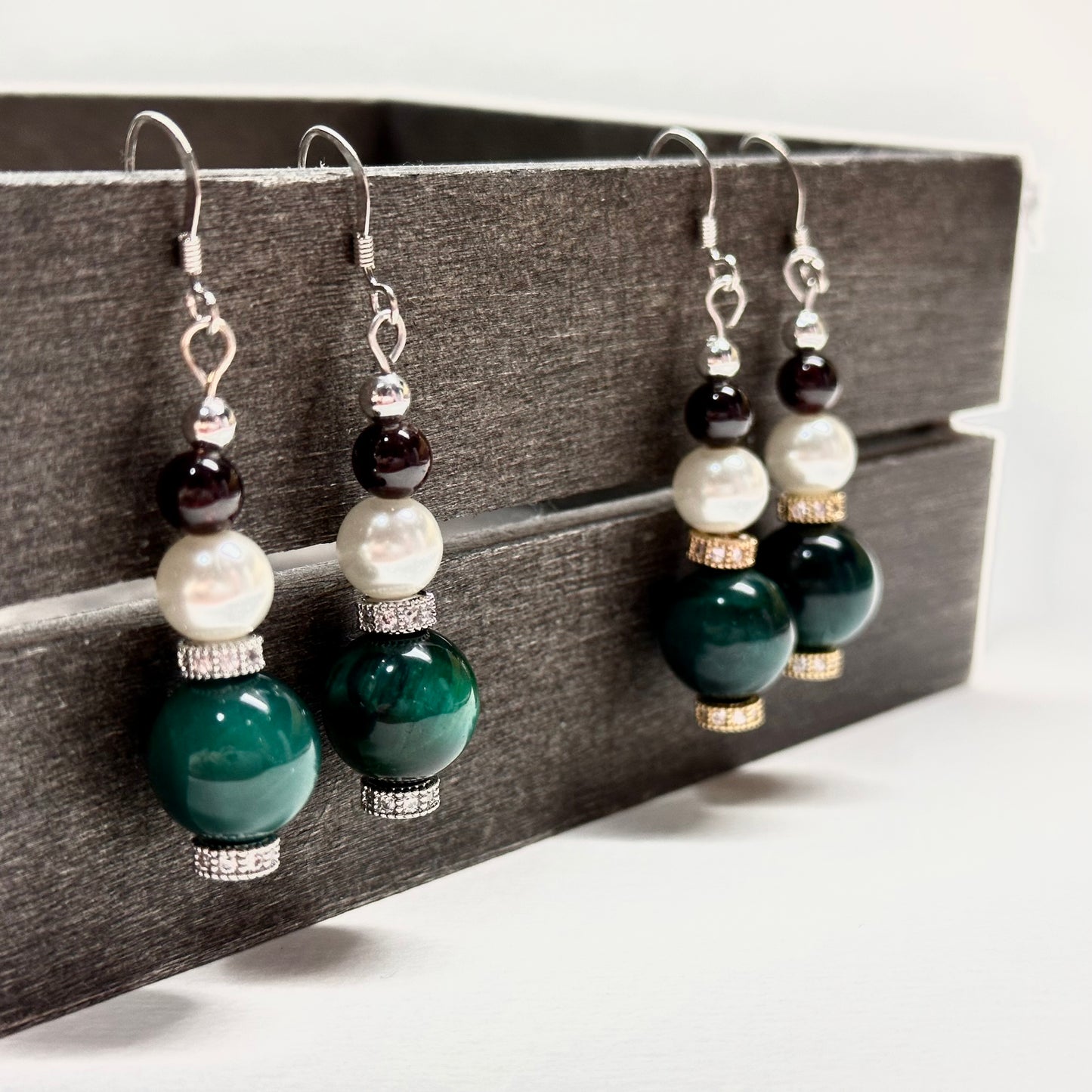 E01 Green Tiger Eye Garnet Pearl Classic Silver Accessories Earring