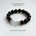 BS317 Silver Obsidian | Aquamarine 18K Gold Plated Bracelet