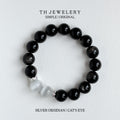BS318 Silver Obsidian | White Cat's Eye Silver Plated Bracelet