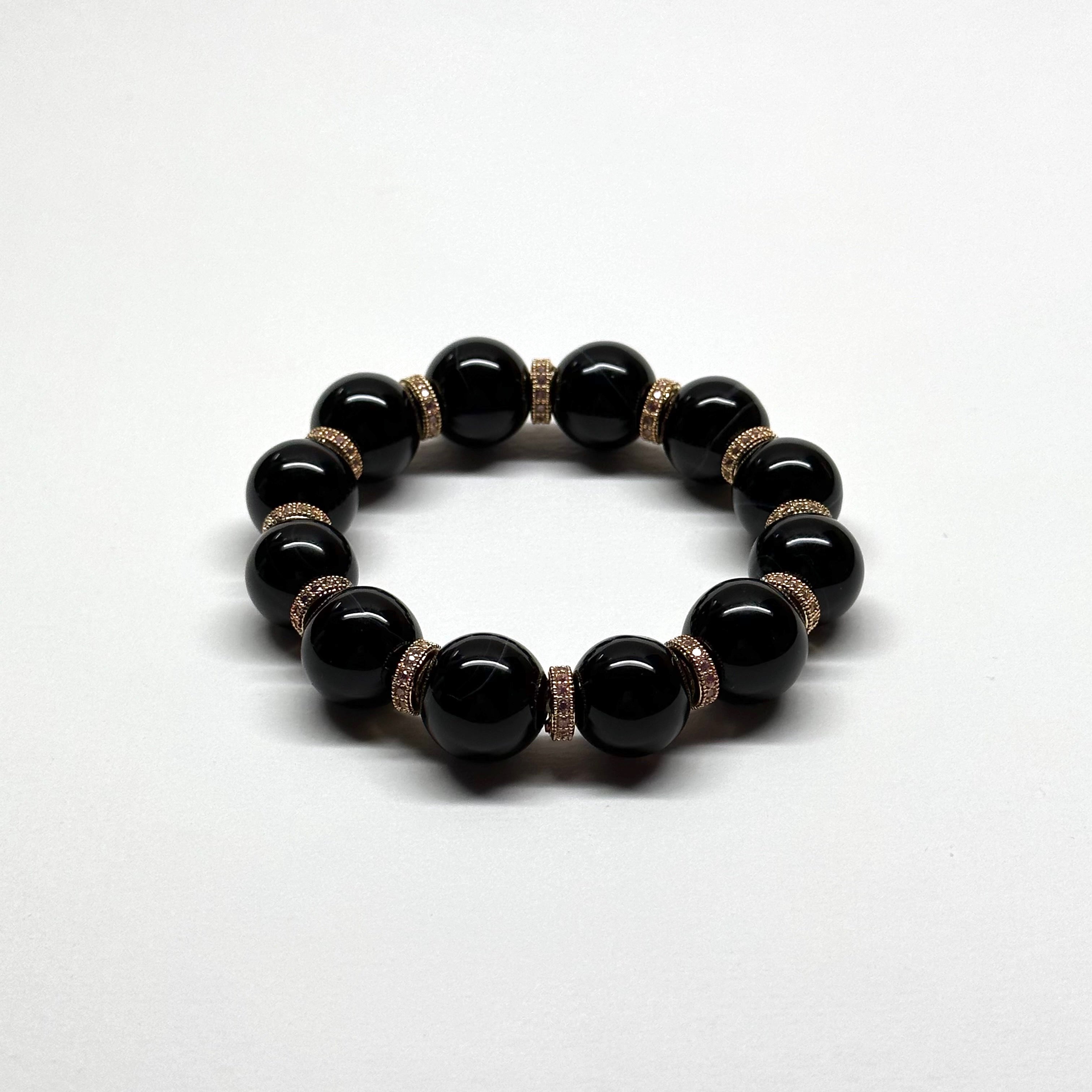 BS25 【獅子處女座|8月】黑瑪瑙18K古典粉鍍金手鏈手串