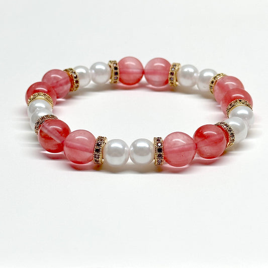 BS28 西瓜紅淡水珍珠古典紫金配飾手鏈手串 Watermelon Quartz Pearl Classic Gold Accessories Bracelet