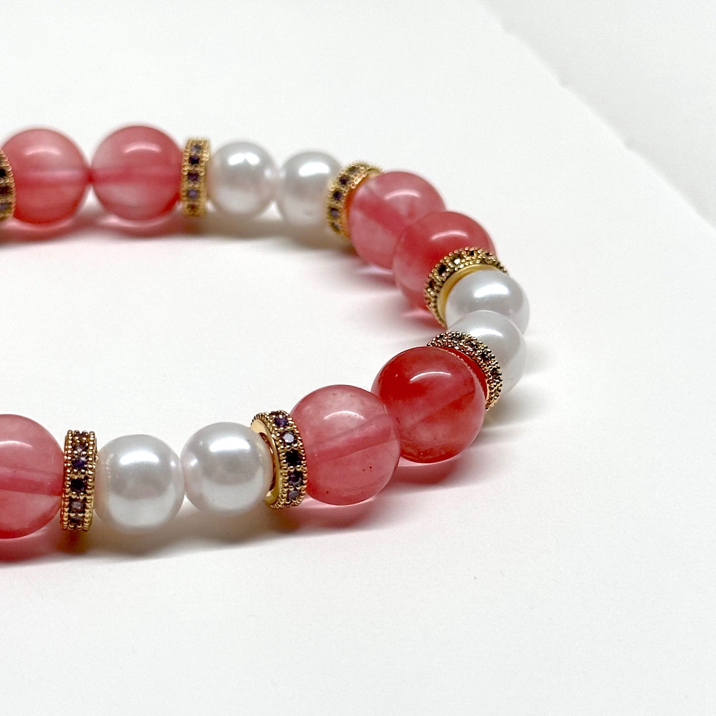 BS28 西瓜紅淡水珍珠古典紫金配飾手鏈手串 Watermelon Quartz Pearl Classic Gold Accessories Bracelet