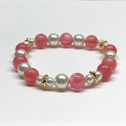 BS33 西瓜紅珍珠扭紋金配飾手鏈手串 Watermelon Quartz Pearl Twist Gold Accessories Bracelet