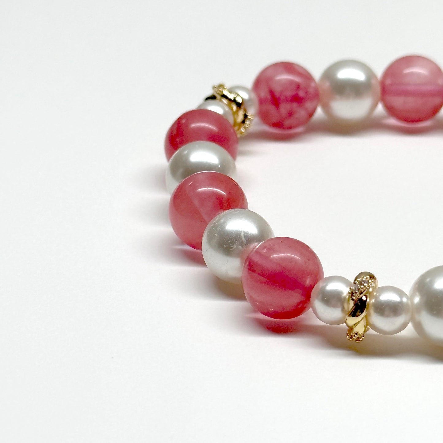 BS33 西瓜紅珍珠扭紋金配飾手鏈手串 Watermelon Quartz Pearl Twist Gold Accessories Bracelet