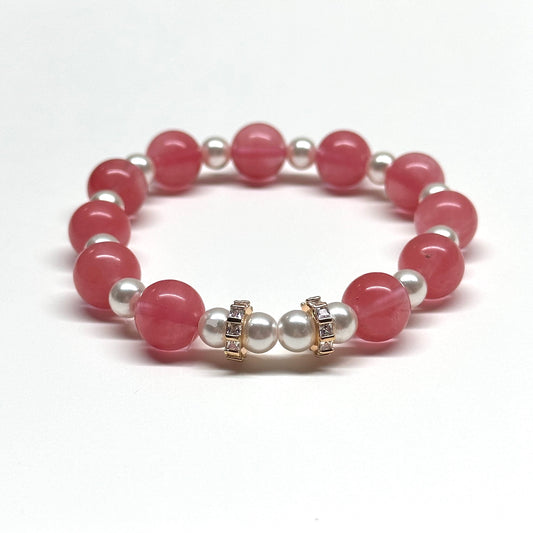 BS34 西瓜紅珍珠齒輪金配飾手鏈手串 Watermelon Quartz Pearl Gear Gold Accessories Bracelet