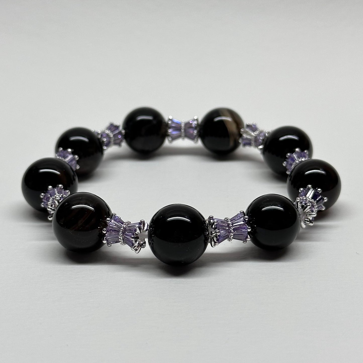 BS44【獅子處女座|8月】黑瑪瑙紫玲瓏鍍銀手鏈手串 Black Agate Purple Alloy Accessories Bracelet