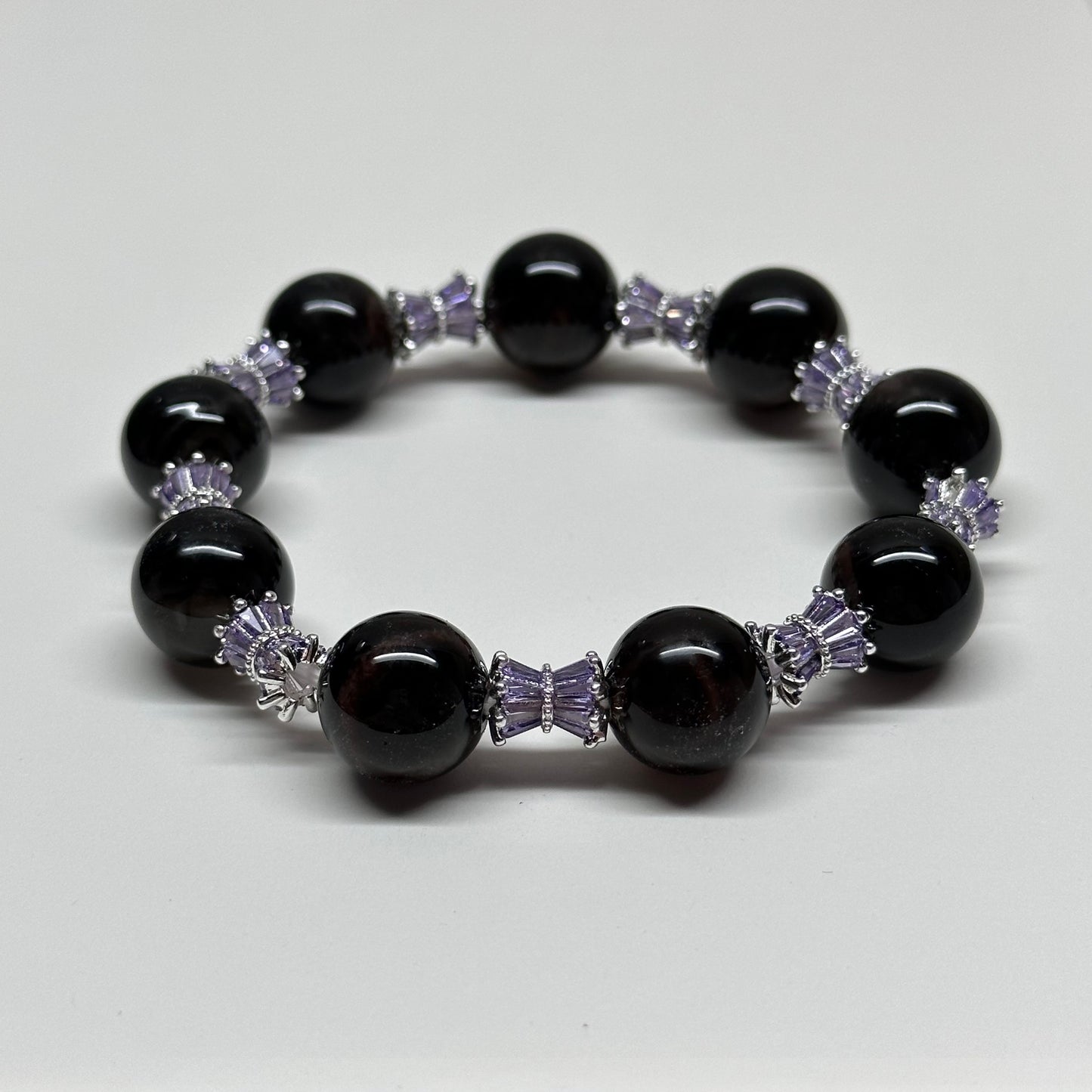 BS44【獅子處女座|8月】黑瑪瑙紫玲瓏鍍銀手鏈手串 Black Agate Purple Alloy Accessories Bracelet