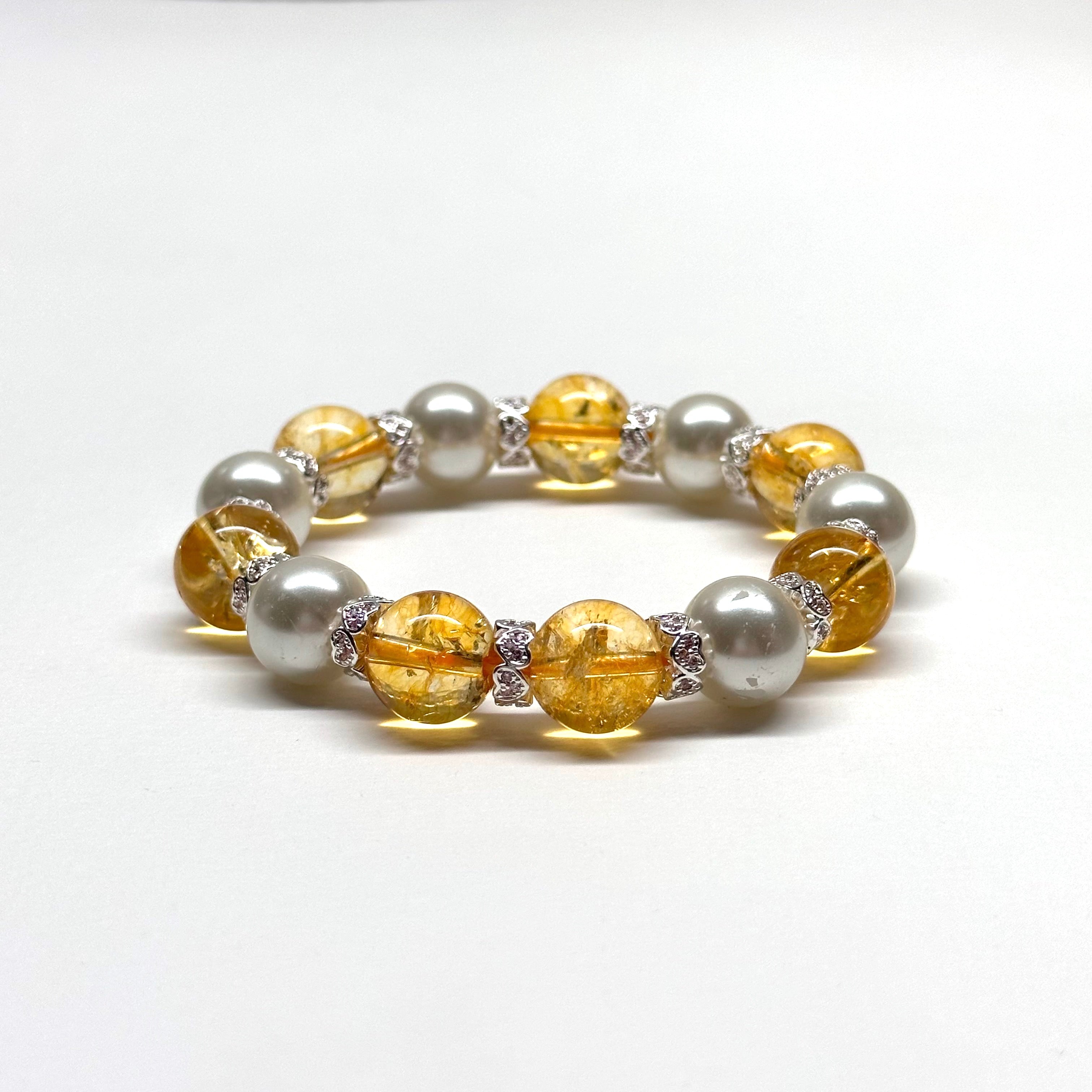 BS48【天蠍射手|11月|星辰未晚】黃水晶大淡水珍珠鍍銀心形鍍銀手鏈手串