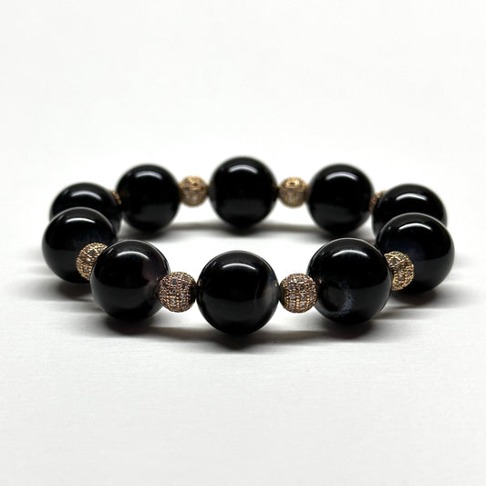 BS53【獅子處女座|8月】黑瑪瑙18K鍍金球手鏈手串  Black Agate Round 18K Gold Plated Accessories Bracelet