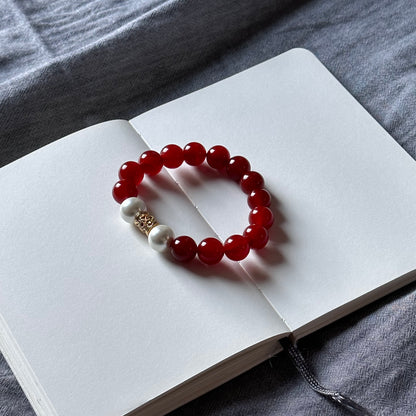 BS60 紅瑪瑙 淡水珍珠 金配飾手鏈手串 Red Agate Gold Accessories Bracelet