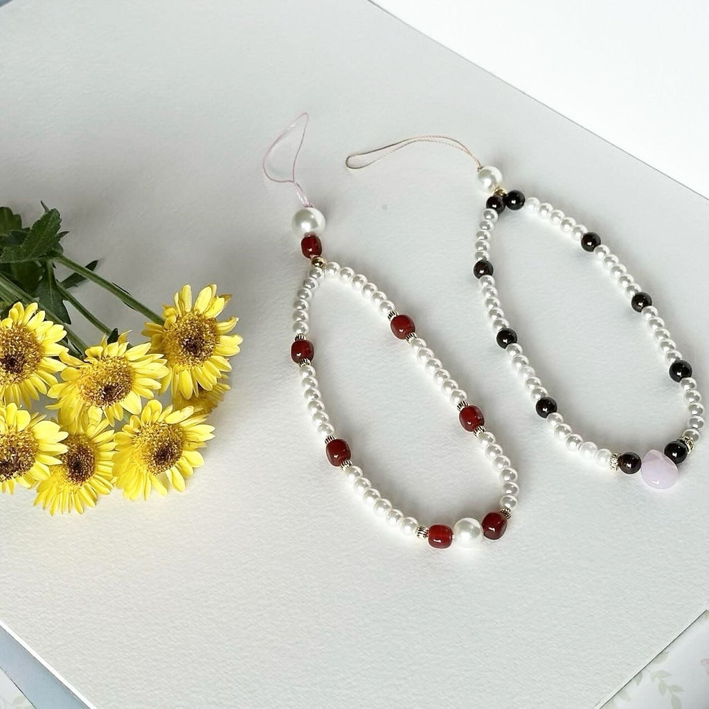 S1 【Gemstone Phone/Camera Hanging Chain】Rose Quartz | Red Agate | Black Agate | Imitation Pearl Gold Plated Hanging Cord