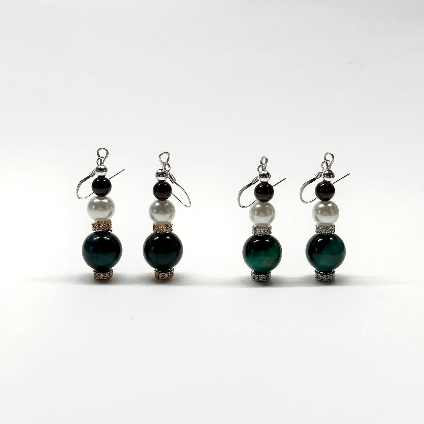 E02 綠虎眼 石榴石 淡水珍珠  18K鍍金 古典 環形 耳環 Green Tiger Eye Garnet Pearl Gold Accessories Earring