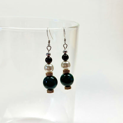 E02 綠虎眼 石榴石 淡水珍珠  18K鍍金 古典 環形 耳環 Green Tiger Eye Garnet Pearl Gold Accessories Earring