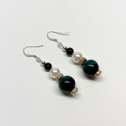 E02 綠虎眼 石榴石 淡水珍珠  18K鍍金 古典 環形 耳環 Green Tiger Eye Garnet Pearl Gold Accessories Earring