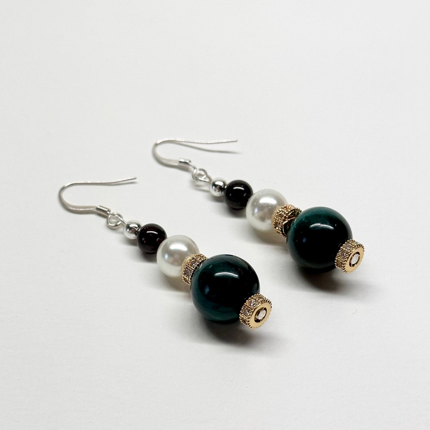 E02 綠虎眼 石榴石 淡水珍珠  18K鍍金 古典 環形 耳環 Green Tiger Eye Garnet Pearl Gold Accessories Earring