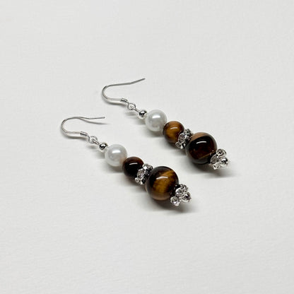 E03 虎眼 淡水珍珠 古典環形銀飾耳環 Tiger Eye Pearl Classic Silver Accessories Earring