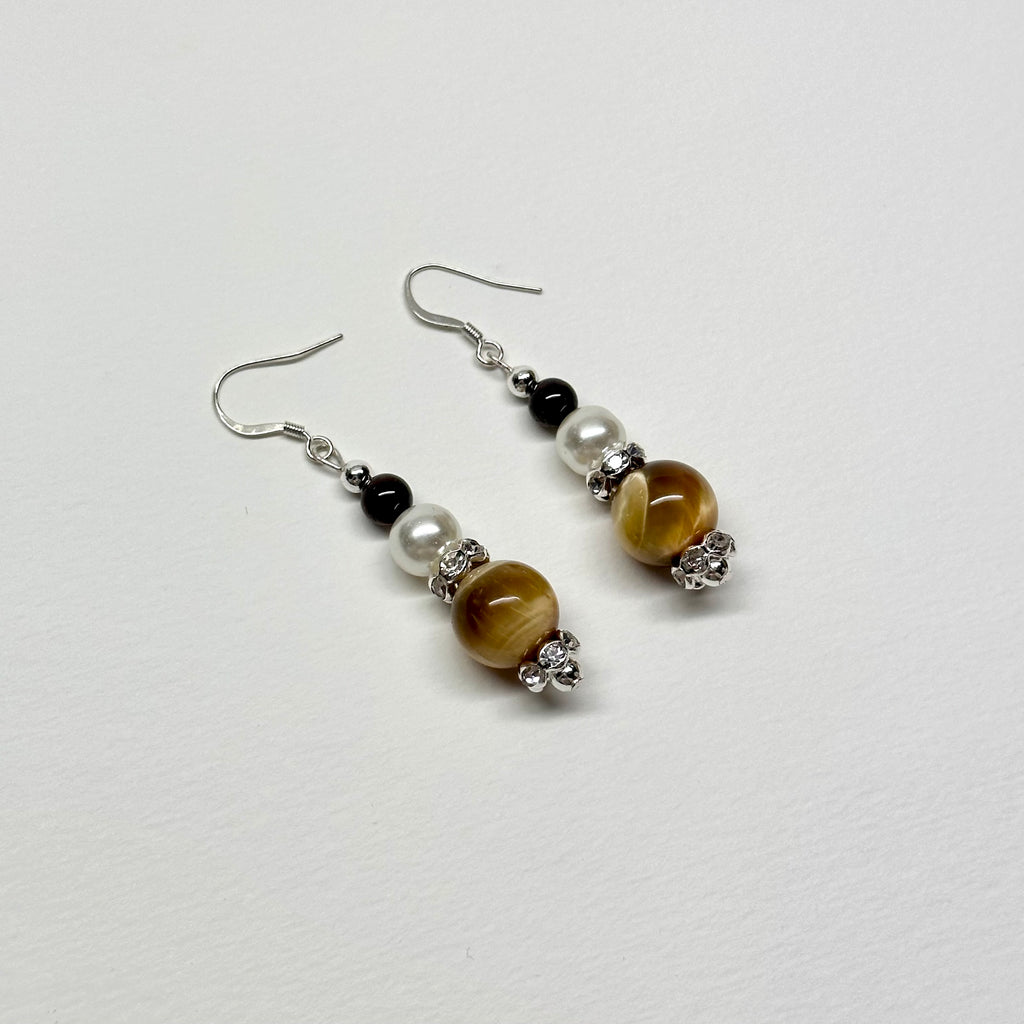 E04 金虎眼 石榴石 淡水珍珠銀飾耳環 Golden Tiger Eye Garnet Pearl Silver Accessories Earring