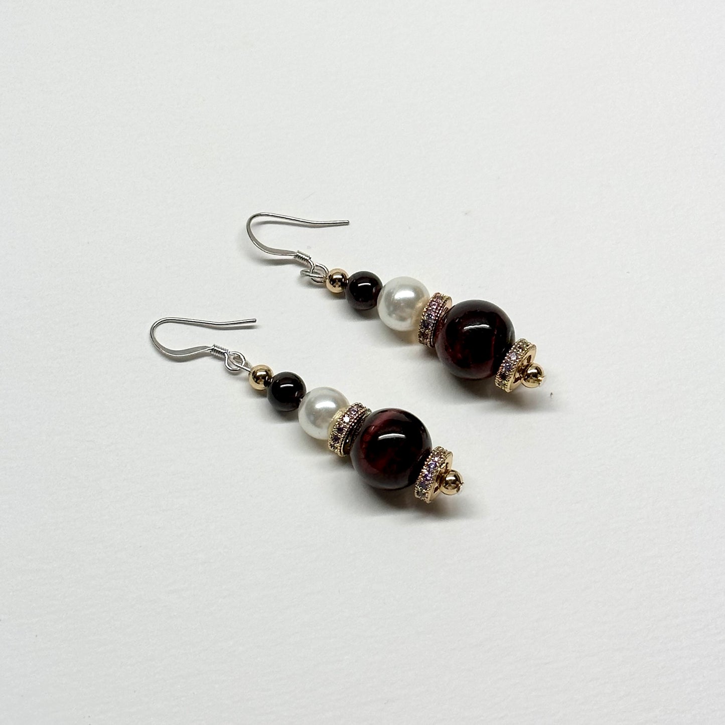 E05 紅虎眼石榴石珍珠古典環形金飾耳環 Red Tiger Eye Garnet Pearl Classic Golden Accessories Earring