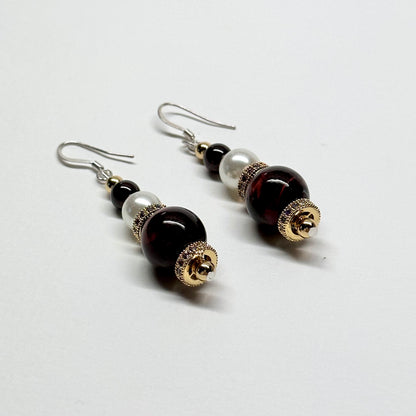 E05 紅虎眼石榴石珍珠古典環形金飾耳環 Red Tiger Eye Garnet Pearl Classic Golden Accessories Earring