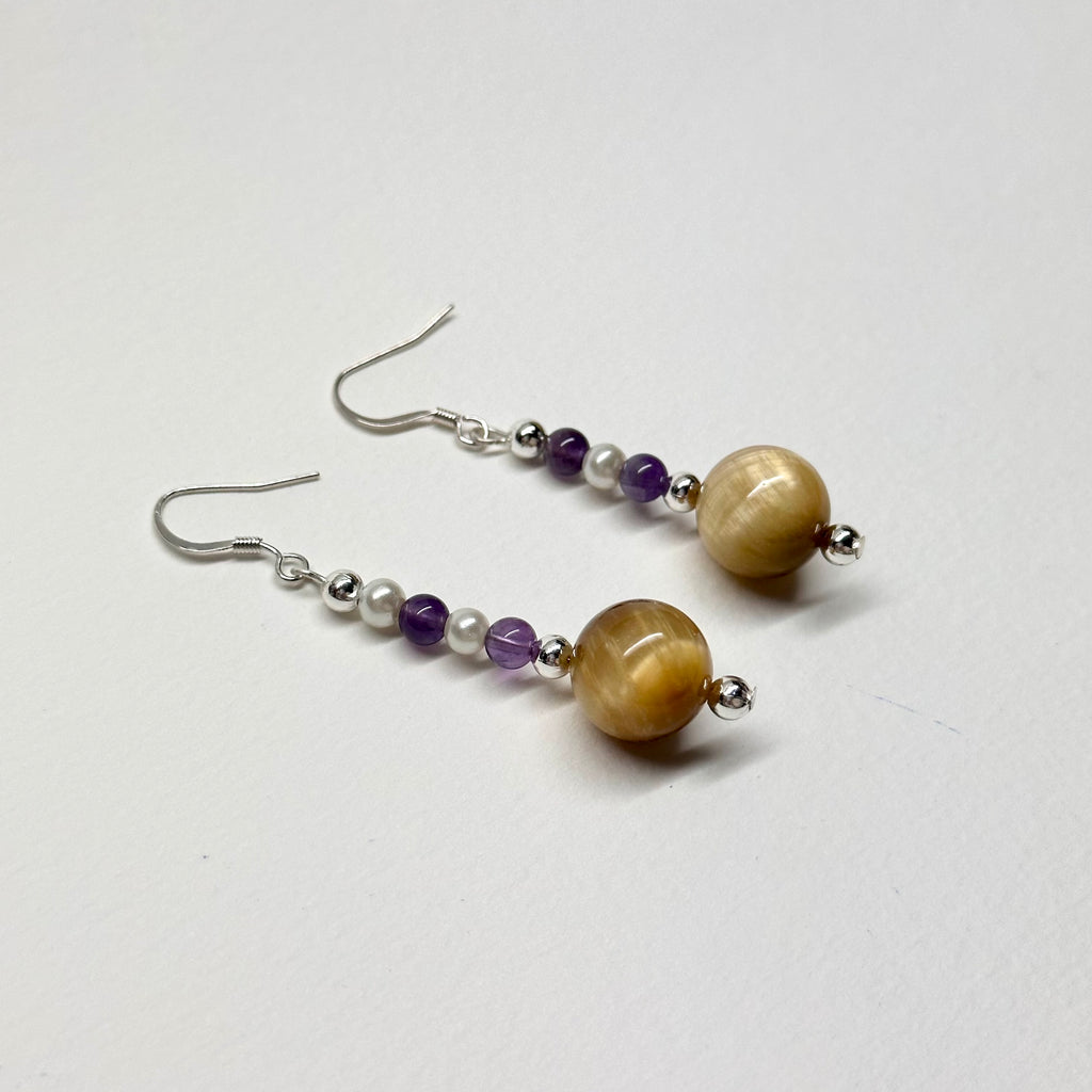 E06 金虎眼紫晶珍珠耳環 Golden Tiger Eye Amethyst Pearl Accessories Earring