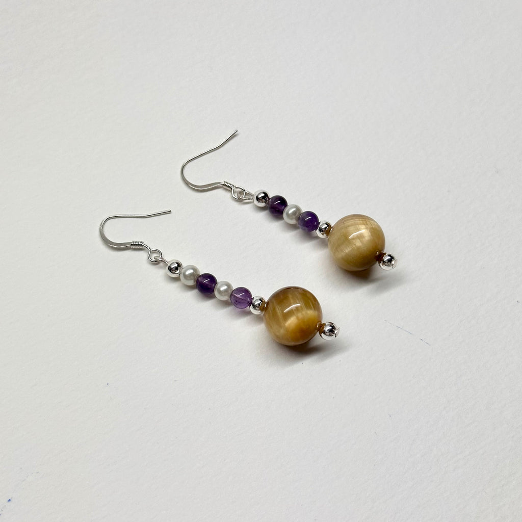 E06 金虎眼紫晶珍珠耳環 Golden Tiger Eye Amethyst Pearl Accessories Earring