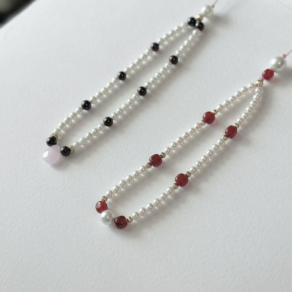 S1 【Gemstone Phone/Camera Hanging Chain】Rose Quartz | Red Agate | Black Agate | Imitation Pearl Gold Plated Hanging Cord