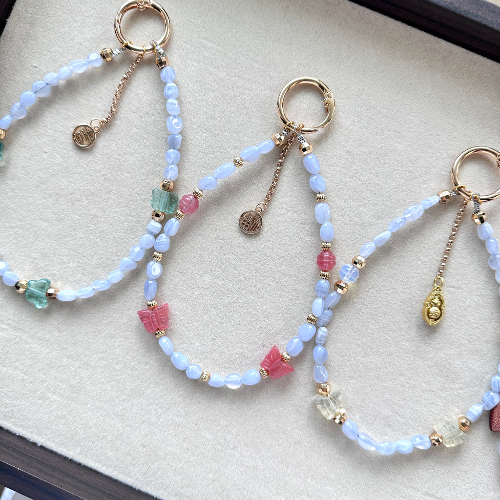 S10 [Gemstone mobile phone camera lanyard] Amethyst • Yellow glass • Pearl • Water drop shell Retro gold-plated lanyard Original design handmade