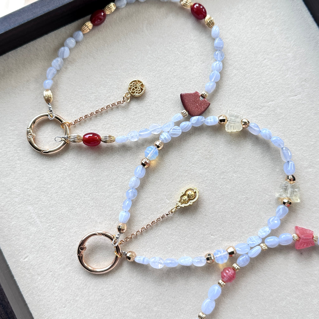 S10 [Gemstone mobile phone camera lanyard] Amethyst • Yellow glass • Pearl • Water drop shell Retro gold-plated lanyard Original design handmade